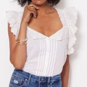 Cleobella Giselle Blouse White Eyelet Flutter Sleeve Large Sleeveless Ruffle